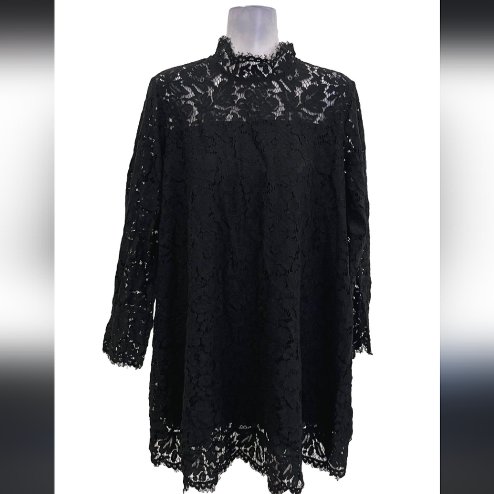 Who What Wear Black Lace Shift Dress XS Mock Neck Ruffle Sleeve Sheer Overlay Bo